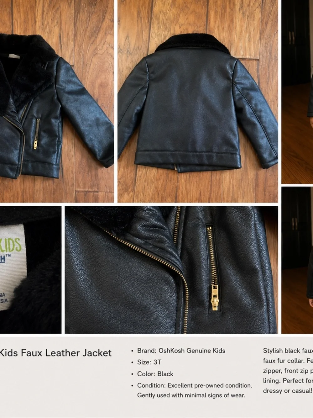 OshKosh Genuine Kids Boys Black Faux Leather Moto Jacket Size 3T